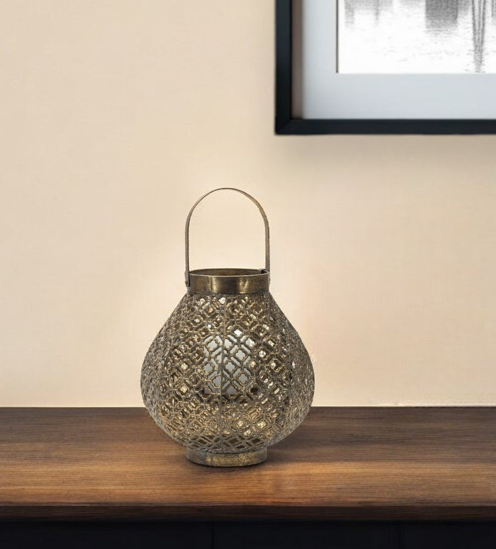 Homeroots 12" Bronze Metal Ornate Tabletop Lantern Candle Holder   516464