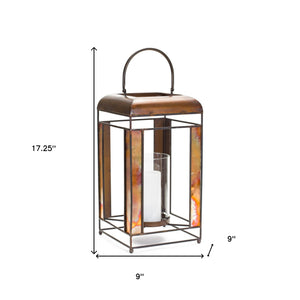 Homeroots 17" Bronze Metal And Glass Geometric Tabletop Lantern Candle Holder   516465