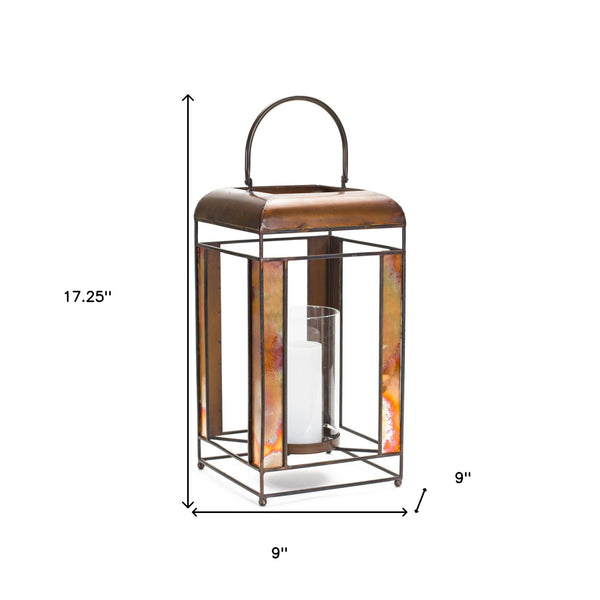 Homeroots 17" Bronze Metal And Glass Geometric Tabletop Lantern Candle Holder   516465