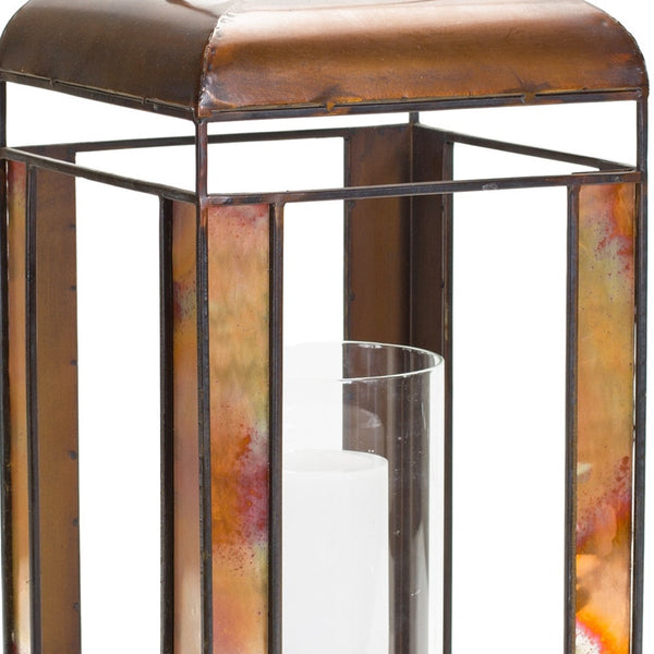 Homeroots 17" Bronze Metal And Glass Geometric Tabletop Lantern Candle Holder   516465