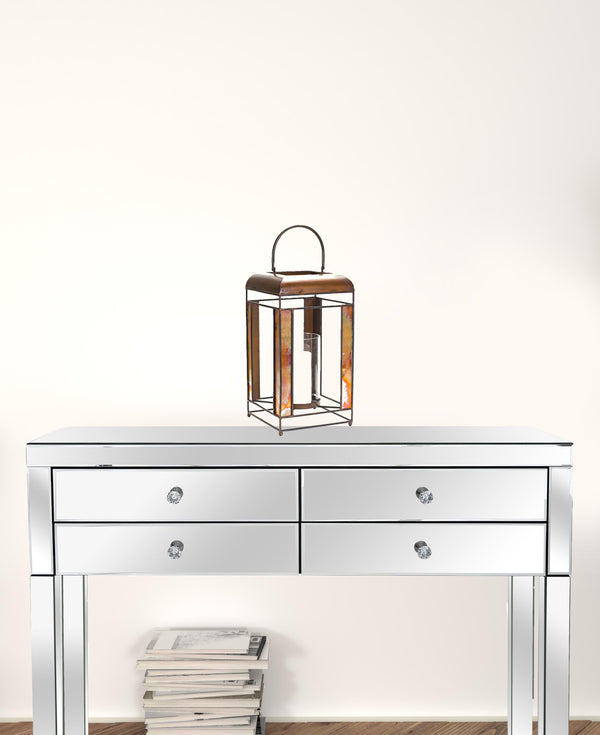 Homeroots 17" Bronze Metal And Glass Geometric Tabletop Lantern Candle Holder   516465