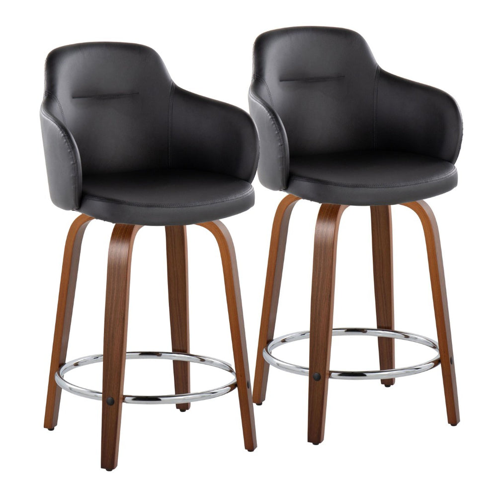 English Elm 24" Swivel Counterstools Walnut Base Faux Leather Bucket Seat Chrome Footrest Pair B202S00009