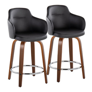 English Elm 24" Swivel Counterstools Walnut Base Faux Leather Bucket Seat Chrome Footrest Pair B202S00009