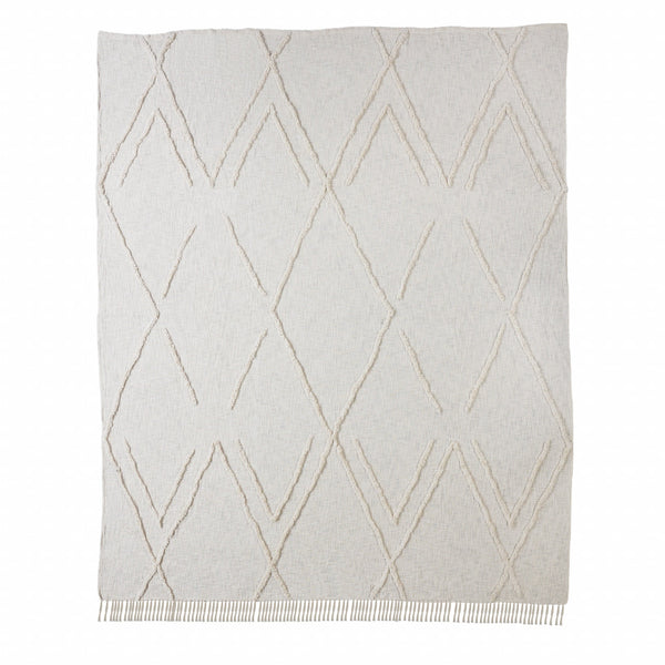 Homeroots Ivory Geometric Queen Cotton Coverlet With Fringe  Cotton 516530