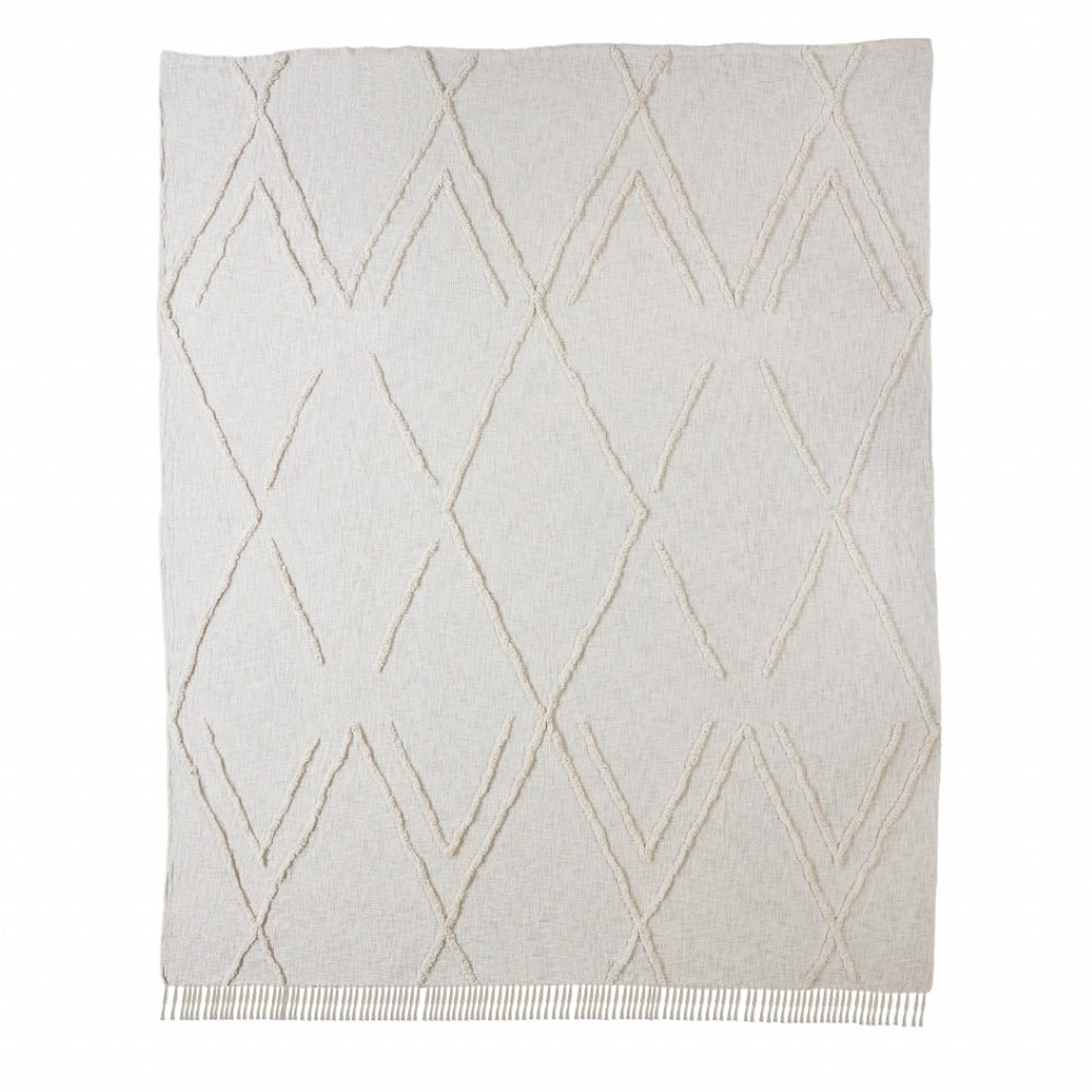HomeRoots Ivory Geometric King Cotton Coverlet with Soft Fringe – Effortless Bohemian Elegance for Your Bedroom 90" x 108" 516531