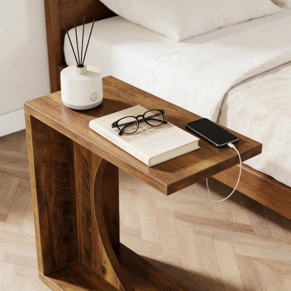 English Elm Modern Two Tier End Table Black Metal Frame Wood Grain Surface for Living Room T3971P453700