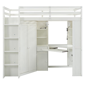 English Elm Twin Loft Bed with Wardrobe Desk Charging Station and Spotlights for Small Rooms Beige White LT000450AAK