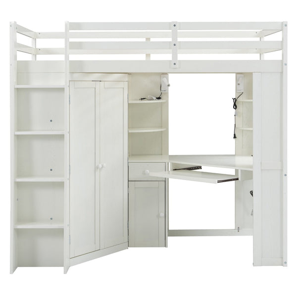 English Elm Twin Loft Bed with Wardrobe Desk Charging Station and Spotlights for Small Rooms Beige White LT000450AAK