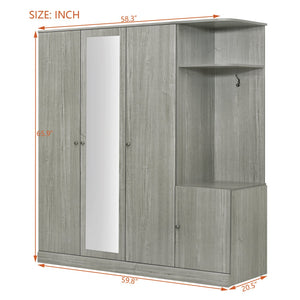 English Elm 4-Door Wardrobe with Full-Length Mirror, Dust-Proof Compartments, Shoe Door & Anti-Tip Safety Features Gray N820S00056E