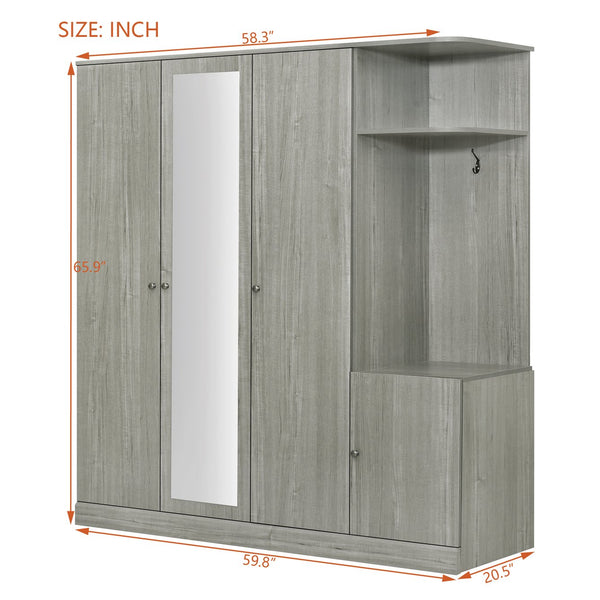 English Elm 4-Door Wardrobe with Full-Length Mirror, Dust-Proof Compartments, Shoe Door & Anti-Tip Safety Features Gray N820S00056E