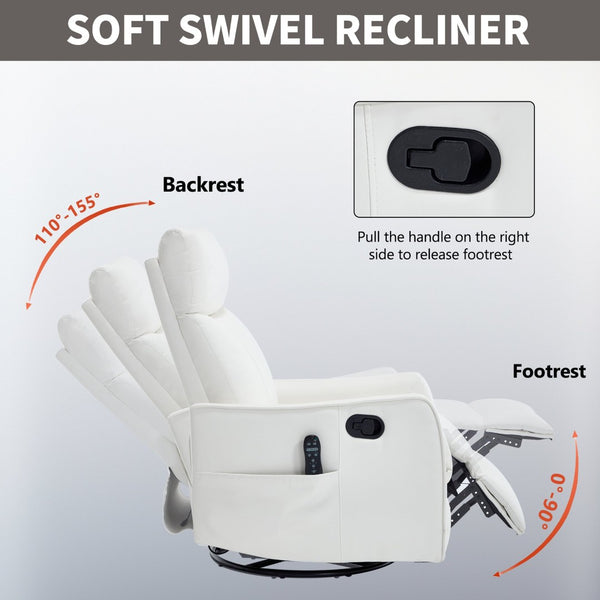 English Elm Beige Fabric Swivel Rocker Recliner with Massage Nodes and Lumbar Heat for Living Room White W1803P363432