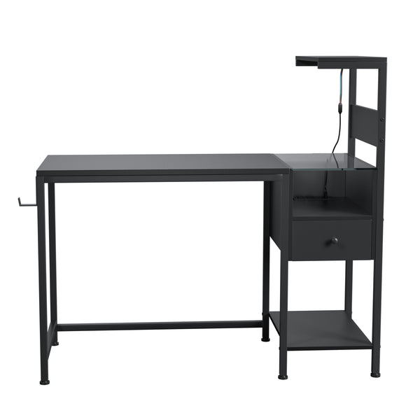 English Elm Computer Gaming Desk with RGB LED Lights, Reversible 4-Tier Shelves, Drawer & Headphone Hook, Space-Saving Workstation Black W578P191952