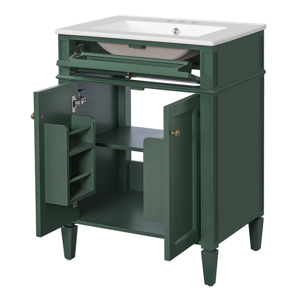 English Elm 24" Bathroom Vanity with Ceramic Basin, French-Inspired Accent Carvings, Soft-Close Doors & Storage Green N710P293309F
