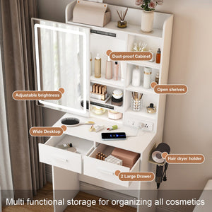 English Elm Small Makeup Vanity Desk with LED Mirror, USB/AC Ports, Hair Dryer Stand, Stool & Hidden Storage W2699P296515