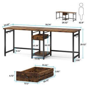 English Elm Computer Desk Two Person Wood Grain Workstation with Drawers for Shared Home Office Black,Rustic Brown T3971P453399