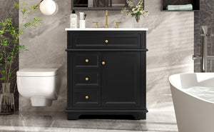 English Elm 30" Freestanding Bathroom Vanity Acacia Wood Matte Black Finish Gold Knobs Ceramic Sink N759P227429B
