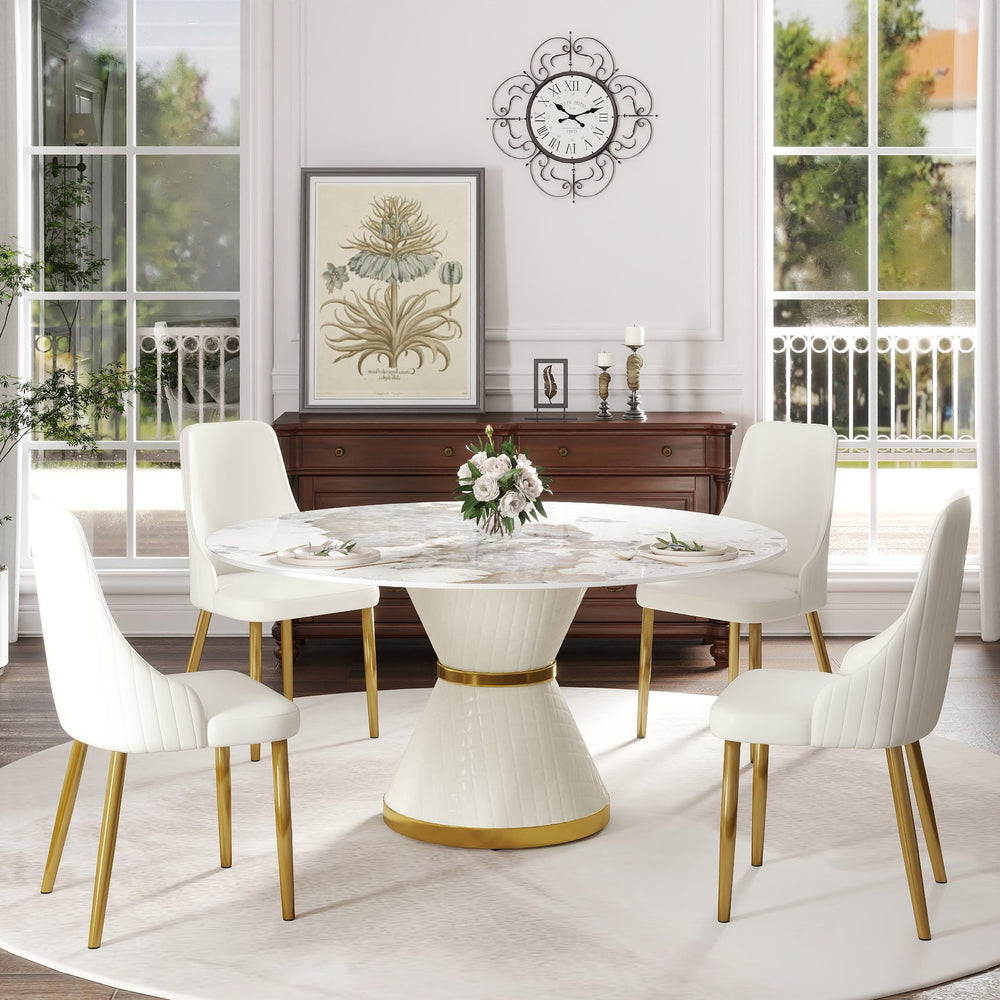 English Elm 59.05"Modern Round Dining Table With Sintered Stone Top & Carbon Steel Base - Seats 6 Comfortably! W1535S00614
