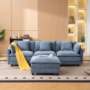English Elm Beige Chenille Sectional Sofa with Modular Ottoman for Living Room or Studio Blue W2603S00007