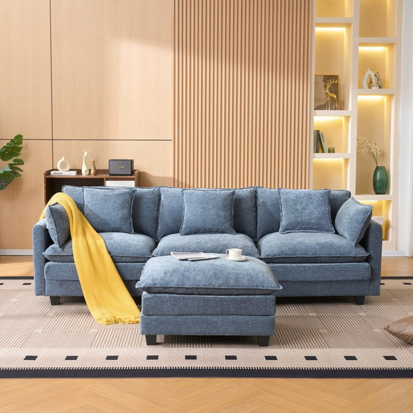 English Elm Beige Chenille Sectional Sofa with Modular Ottoman for Living Room or Studio Blue W2603S00007