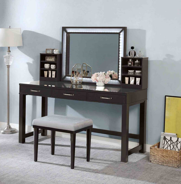 English Elm Glam Elegant Vanity Set with LED Mirror, Plush Stool, Ample Storage, Felt-Lined Drawers, Chic Finish Grey Mix 35 L x 25 W x 15 H B2741S00681