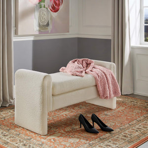 Modica Boucle Upholstered Bench Curved Arms Plush Foam Seat Modern Entryway Bedroom