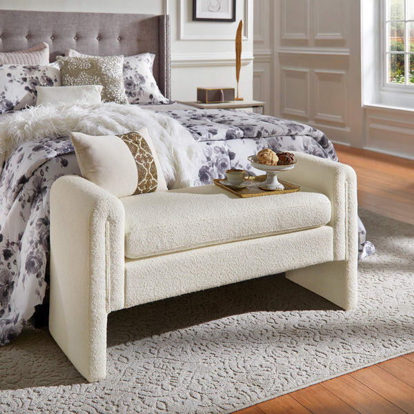Modica Boucle Upholstered Bench Curved Arms Plush Foam Seat Modern Entryway Bedroom