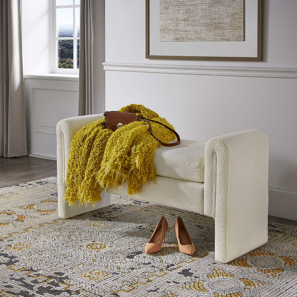 Modica Boucle Upholstered Bench Curved Arms Plush Foam Seat Modern Entryway Bedroom