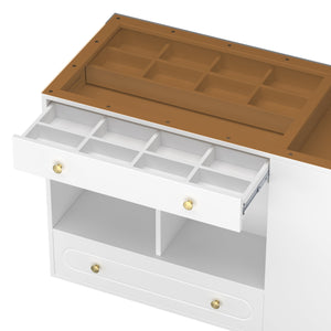 English Elm Closet Elegant walk-in island with glass display top, 6 drawers and open shelves for organized storage White 39.76 L x 17.32 W x 12.2 H N733S304513K
