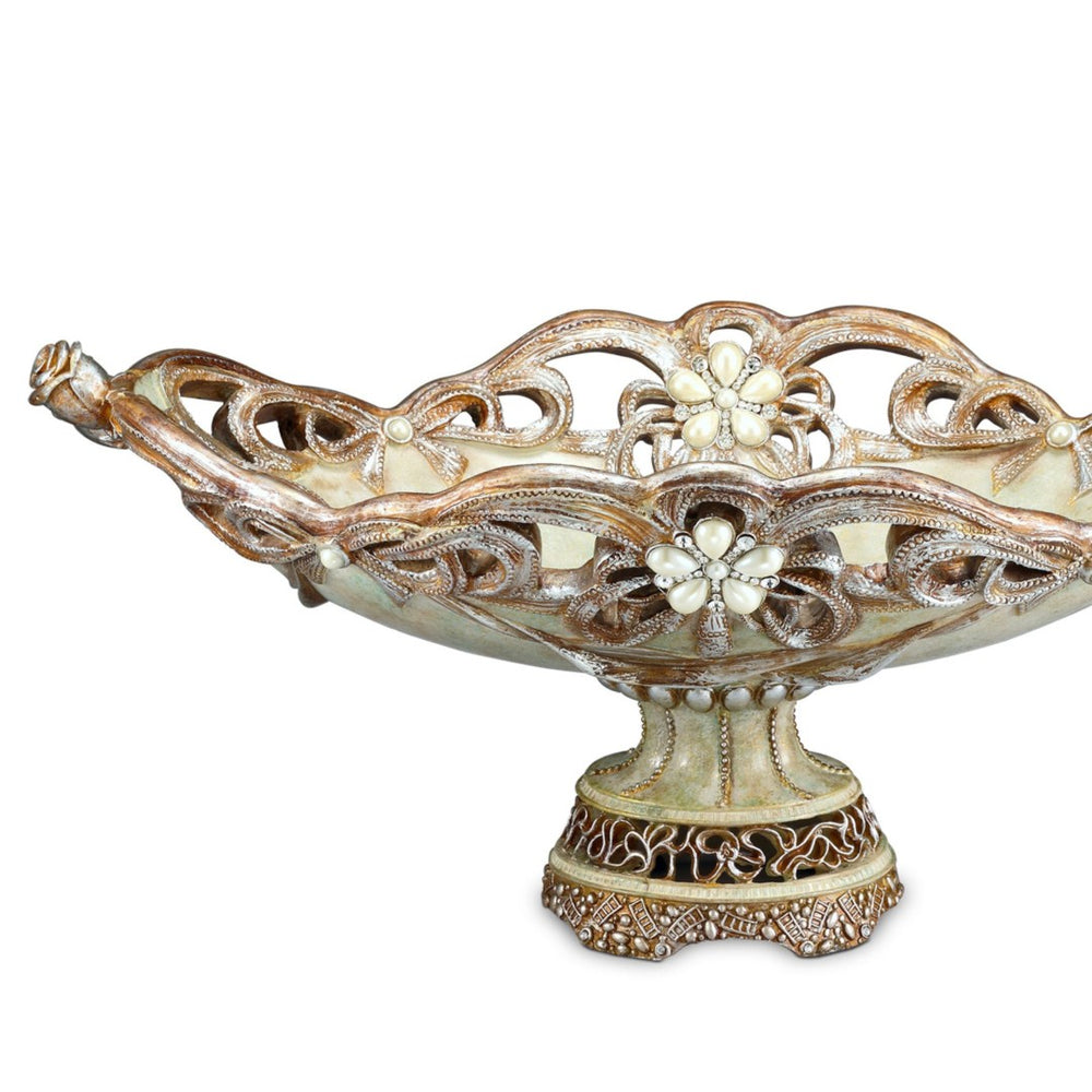 English Elm 9" Polyresin Fruit Bowl with Floral Pearl Accents Stone Finish Vintage Centerpiece B072116419