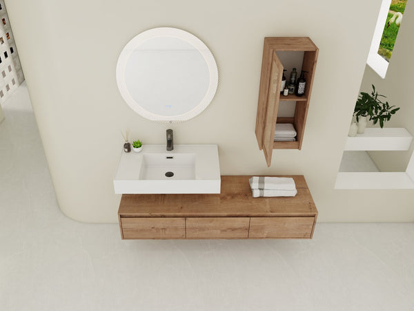 English Elm 60 Inch Wall-Mounted Bathroom Vanity Set With Resin Sink, Soft-Close Drawers & Side Cabinet Storage W999S00357