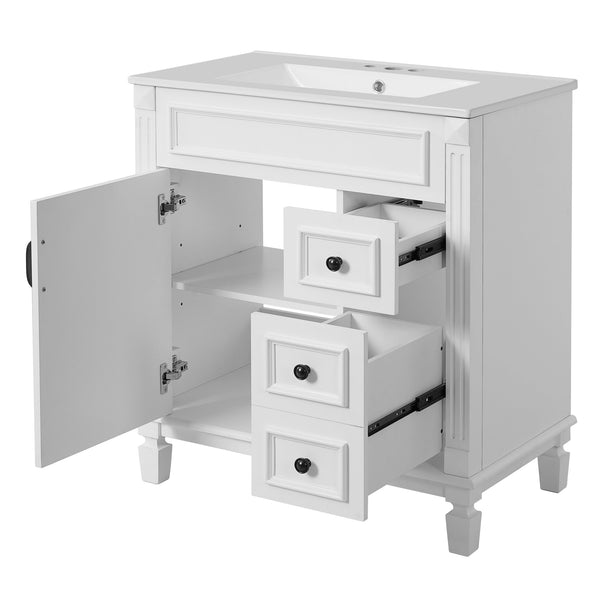 English Elm 30" French-Inspired Bathroom Vanity With Ceramic Sink, 2 Soft-Close Drawers & Adjustable Shelf Storage N710P323323K