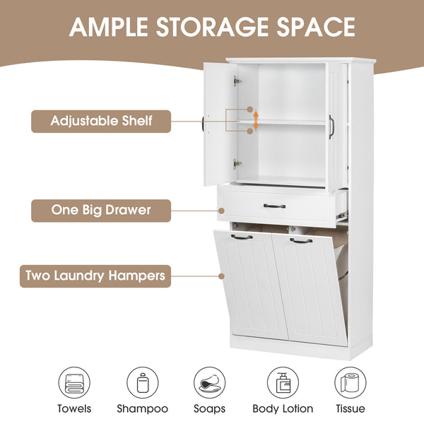 English Elm Christopher Knight Home® - Bathroom Storage Cabinet with Doors Drawer & Dual Laundry Baskets, MDF Build, Adjustable Shelf, Anti-Tip Device White N759P243350K