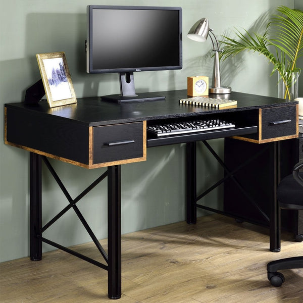 English Elm Rectangular Industrial Computer Desk With 2 Drawers, Distressed Wood & Black Metal Frame For Home Office B016P311788-GIGA