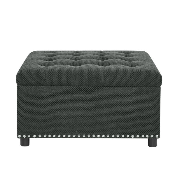 English Elm Storage Ottoman Tufted Nailhead Trim Lift Top Footstool for Living Room or Bedroom Dark Grey W5568P446991