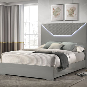 English Elm Pierce Grey High Gloss Queen Bed with Diamond Textured Panel and Touch LED Headboard, Modern Romantic Design B062S01369