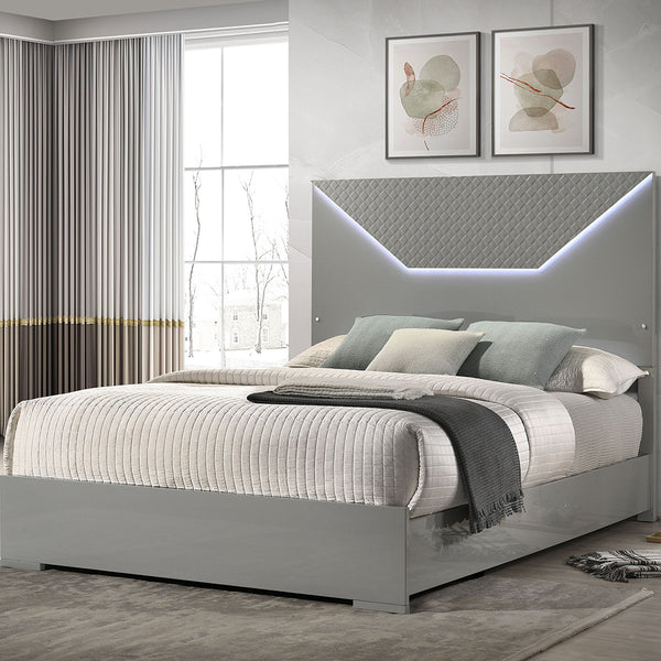 English Elm Pierce Grey High Gloss Queen Bed with Diamond Textured Panel and Touch LED Headboard, Modern Romantic Design B062S01369