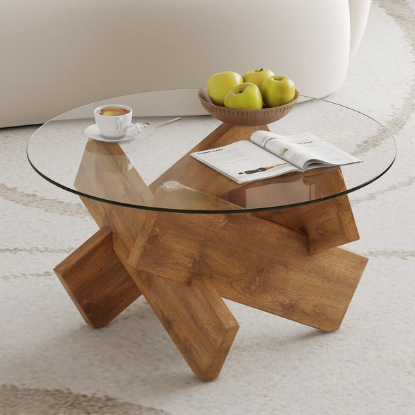 English Elm Circular glass coffee table 33.4" Modern round tempered glass top with wood MDF legs, 130 lb capacity, easy assembly W1151P143350