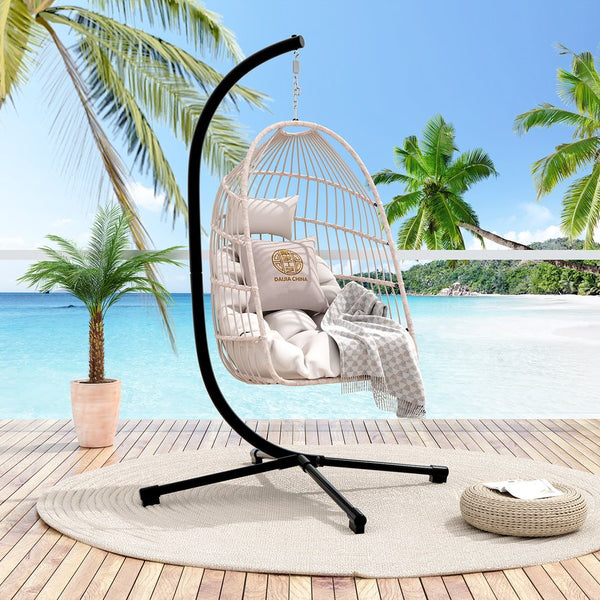 English Elm Foldable Hanging Egg Chair with Stand Pillow, HDPE Wicker, Rust‑Resistant Frame, Cushioned Headrest, 350lb Capacity White W2500P369689