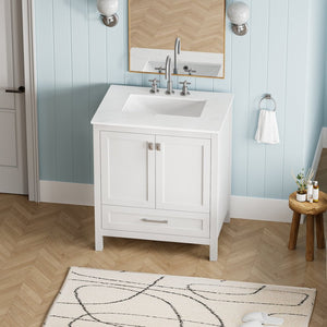 English Elm 30" Freestanding Grey Vanity Solid Wood Cabinet Carrara Marble Top Ceramic Sink W1573P237851