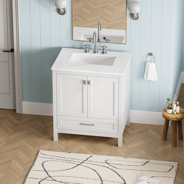 English Elm 30" Freestanding Grey Vanity Solid Wood Cabinet Carrara Marble Top Ceramic Sink W1573P237851