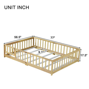 English Elm Full Size Floor Bed With Safety Guardrails, Eco-Friendly Rubber Wood, Minimalist Design & Easy Access W504P286380