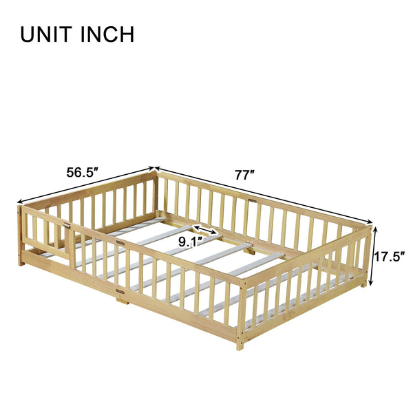 English Elm Full Size Floor Bed With Safety Guardrails, Eco-Friendly Rubber Wood, Minimalist Design & Easy Access W504P286380