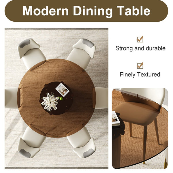 English Elm 59-Inch Modern Round Dining Table Set With 6 Chairs - Elegant Dark Brown Glass Top & Copper Legs W509S00147