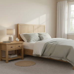 Alpine Furniture Emilia Queen Platform Bed With Tall 49" Headboard, Oak Veneer Rubberwood Frame, Slatted Support Elegance Natural 5170-01Q