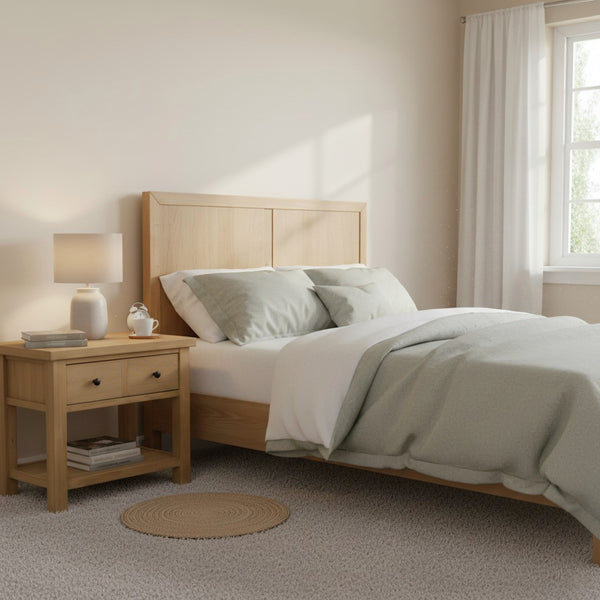 Alpine Furniture Emilia Queen Platform Bed With Tall 49" Headboard, Oak Veneer Rubberwood Frame, Slatted Support Elegance Natural 5170-01Q