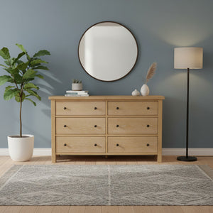 Alpine Furniture Emilia Cerused Oak Six Drawer Dresser — Modern Farmhouse, Durable Rubberwood, Soft-Close Spacious Storage Natural 5170-03