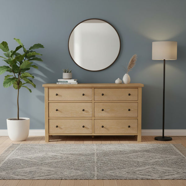 Alpine Furniture Emilia Cerused Oak Six Drawer Dresser — Modern Farmhouse, Durable Rubberwood, Soft-Close Spacious Storage Natural 5170-03
