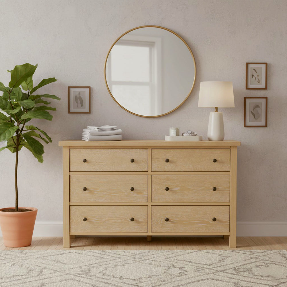 Alpine Furniture Emilia Cerused Oak Six Drawer Dresser — Modern Farmhouse, Durable Rubberwood, Soft-Close Spacious Storage Natural 5170-03