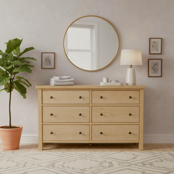 Alpine Furniture Emilia Cerused Oak Six Drawer Dresser — Modern Farmhouse, Durable Rubberwood, Soft-Close Spacious Storage Natural 5170-03