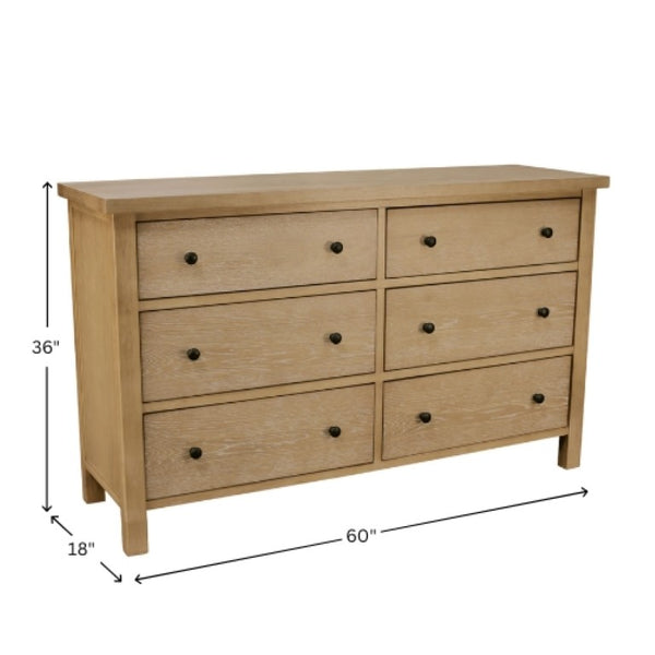 Alpine Furniture Emilia Cerused Oak Six Drawer Dresser — Modern Farmhouse, Durable Rubberwood, Soft-Close Spacious Storage Natural 5170-03